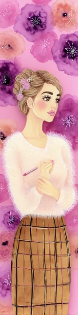 Free teacher bookmark featuring a teacher in a fluffy sweater on a pink background